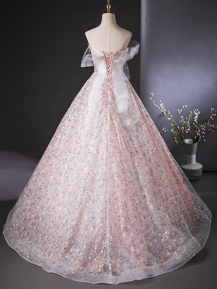 Pink Sequins Off Shoulder Prom Dress