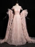 Pink Sequins One Piece Dress Cape Set Prom Dress