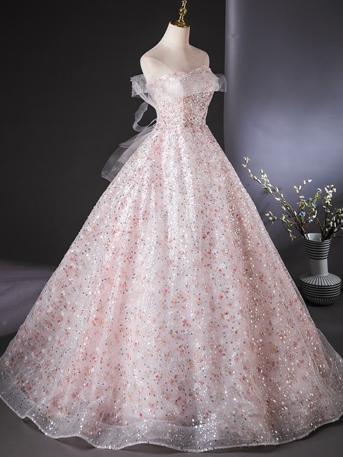 Pink Sequins Off Shoulder Prom Dress