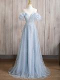 V Neck Puff Sleeves Princess Prom Dress