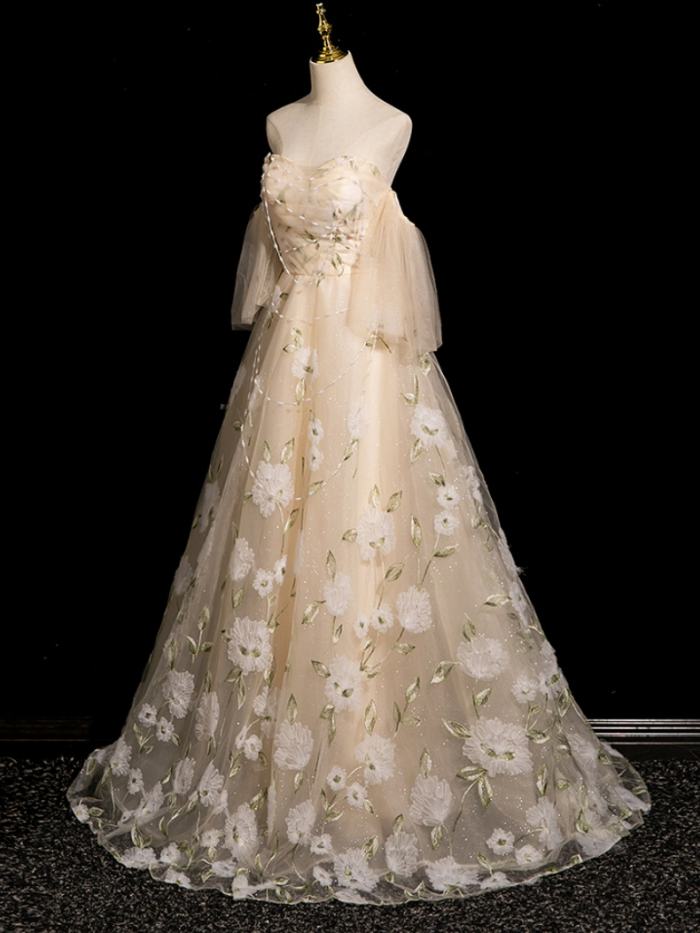 Champagne Flowers Princess Fluffy Prom Dress