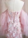 Pink Embroidery Puff Sleeves Slim Prom Dress