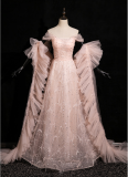 Pink Sequins One Piece Dress Cape Set Prom Dress