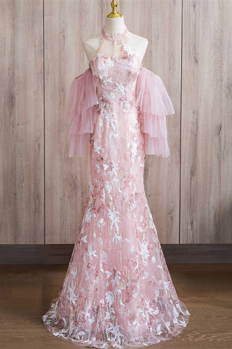 Pink Embroidery Puff Sleeves Slim Prom Dress