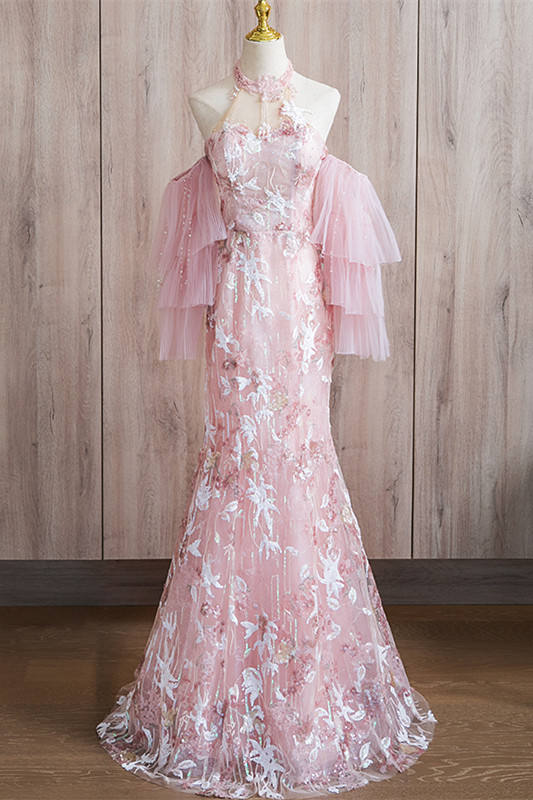 Pink Embroidery Puff Sleeves Slim Prom Dress