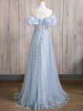 V Neck Puff Sleeves Princess Prom Dress
