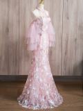 Pink Embroidery Puff Sleeves Slim Prom Dress
