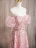 Sequins Puff Sleeves Slim Prom Dress