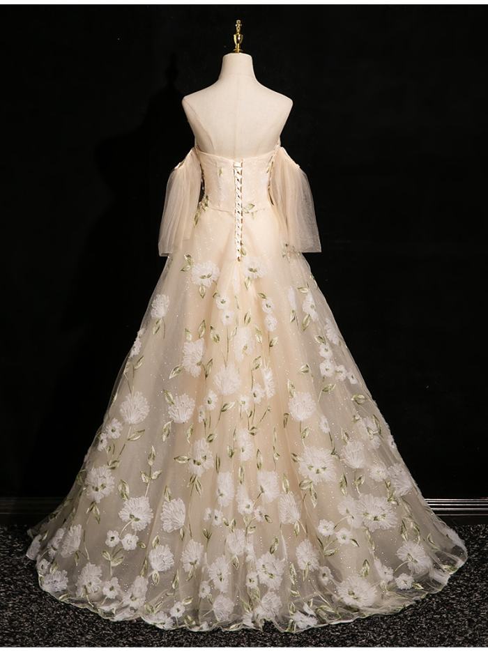 Champagne Flowers Princess Fluffy Prom Dress