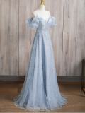 V Neck Puff Sleeves Princess Prom Dress