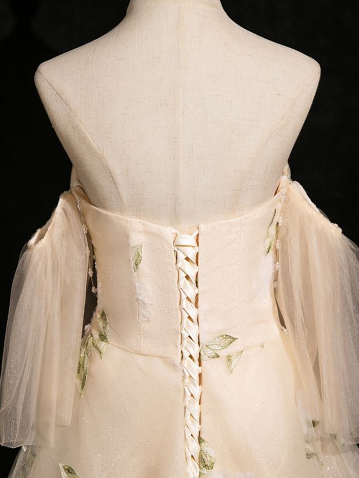 Champagne Flowers Princess Fluffy Prom Dress