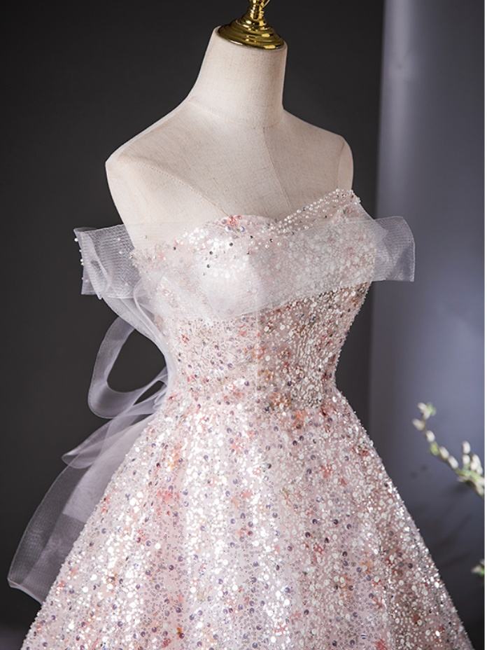 Pink Sequins Off Shoulder Prom Dress