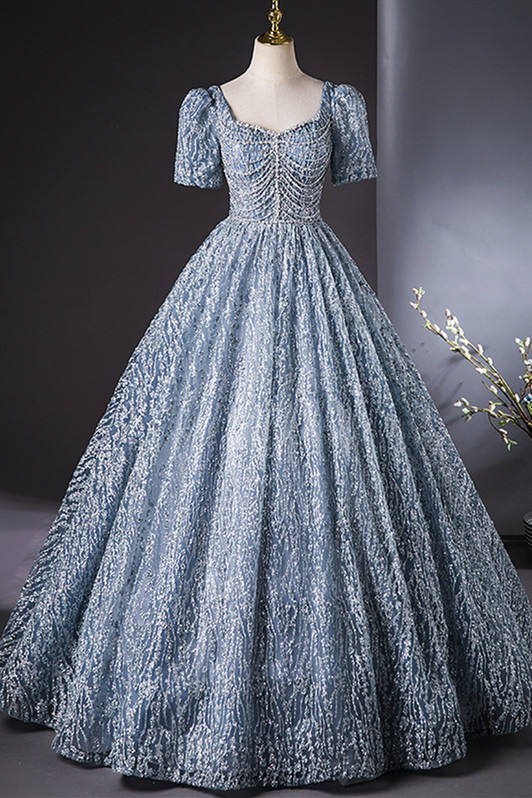 Grey Blue Slim Fluffy Formal Dress