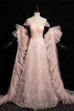 Pink Sequins One Piece Dress Cape Set Prom Dress