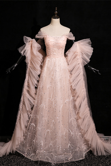 Pink Sequins One Piece Dress Cape Set Prom Dress