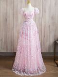 Pink Sequins Flowers Princess Prom Dress