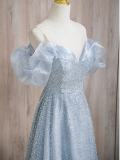 V Neck Puff Sleeves Princess Prom Dress