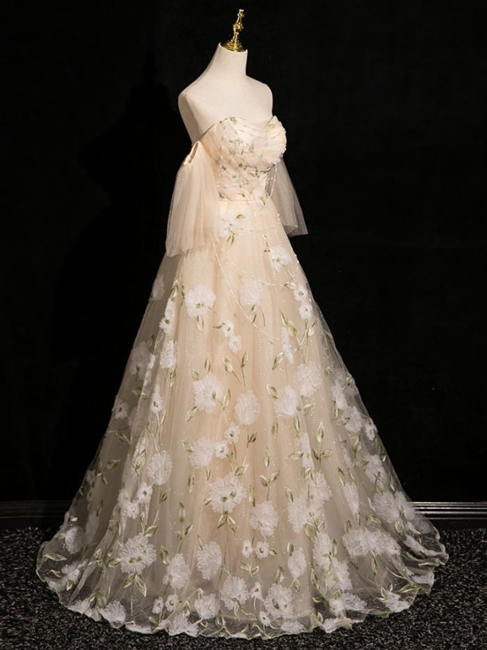 Champagne Flowers Princess Fluffy Prom Dress