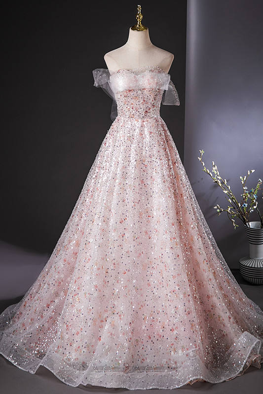Pink Sequins Off Shoulder Prom Dress