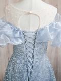 V Neck Puff Sleeves Princess Prom Dress
