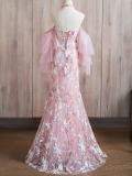 Pink Embroidery Puff Sleeves Slim Prom Dress