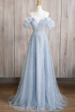 V Neck Puff Sleeves Princess Prom Dress