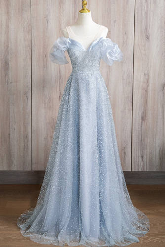 V Neck Puff Sleeves Princess Prom Dress