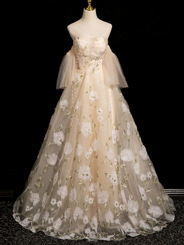 Champagne Flowers Princess Fluffy Prom Dress