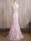 Pink Embroidery Puff Sleeves Slim Prom Dress