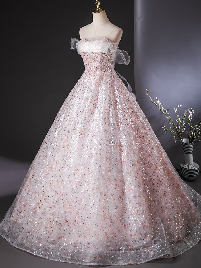 Pink Sequins Off Shoulder Prom Dress
