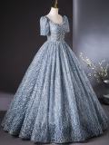 Grey Blue Slim Fluffy Formal Dress