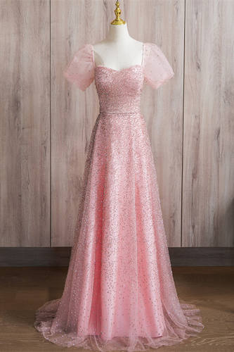 Sequins Puff Sleeves Slim Prom Dress