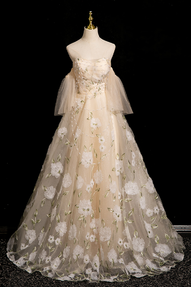 Champagne Flowers Princess Fluffy Prom Dress