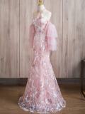 Pink Embroidery Puff Sleeves Slim Prom Dress