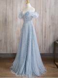 V Neck Puff Sleeves Princess Prom Dress