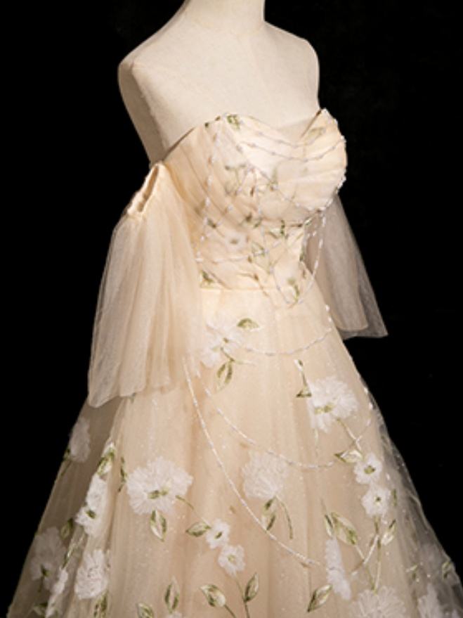 Champagne Flowers Princess Fluffy Prom Dress