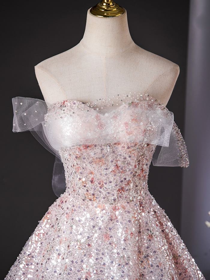 Pink Sequins Off Shoulder Prom Dress