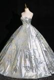Bright Blue Printed Off Shoulder Fluffy Princess Prom Dress