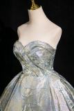 Bright Blue Printed Off Shoulder Fluffy Princess Prom Dress