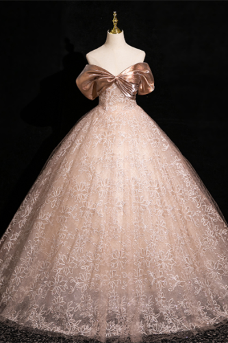 Printed Bow Fluffy Princess Prom Dress
