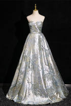 Bright Blue Printed Off Shoulder Fluffy Princess Prom Dress