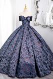 Dark Blue Off Shoulder Fluffy Princess Prom Dress