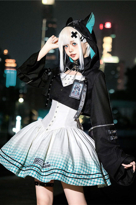 Electric Cat Cyberpunk Lolita Dress and Hooded Coat