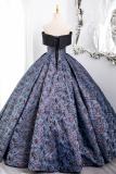 Dark Blue Off Shoulder Fluffy Princess Prom Dress