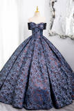 Dark Blue Off Shoulder Fluffy Princess Prom Dress