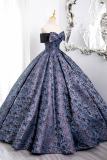 Dark Blue Off Shoulder Fluffy Princess Prom Dress