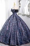 Dark Blue Off Shoulder Fluffy Princess Prom Dress