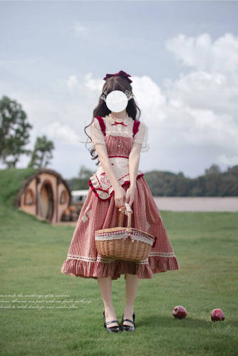 Picnic Red Plaid Lolita Jumper, Shirt and Apron