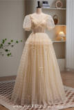 Champagne Long Fluffy Princess Prom Dress
