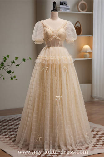 Champagne Long Fluffy Princess Prom Dress